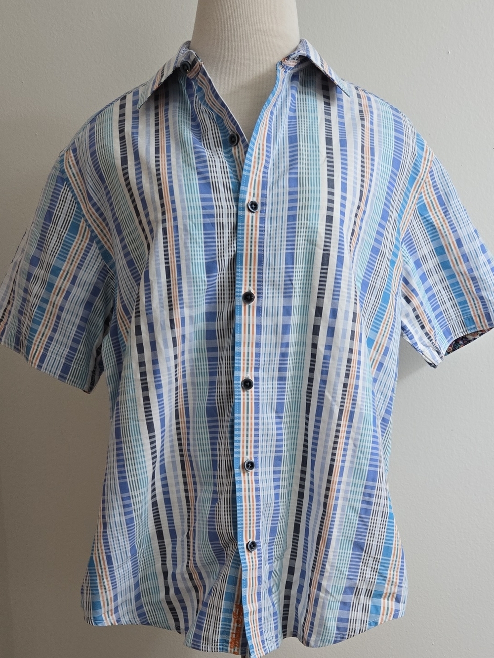 Robert Graham Blue, White & Light Teal Striped Short-Sleeve Button-Down